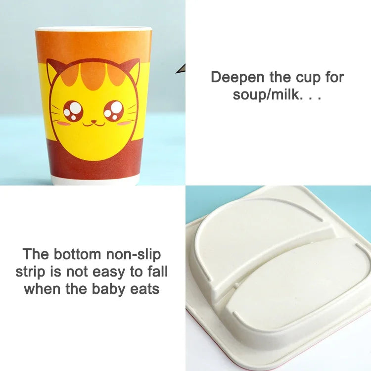 Conjunto de Louça para Bebé com Garfo de Desenho Animado, Pratos para Alimentação Infantil, Tigela de Fibra de Bambu Natural com Copo, Colher e Prato