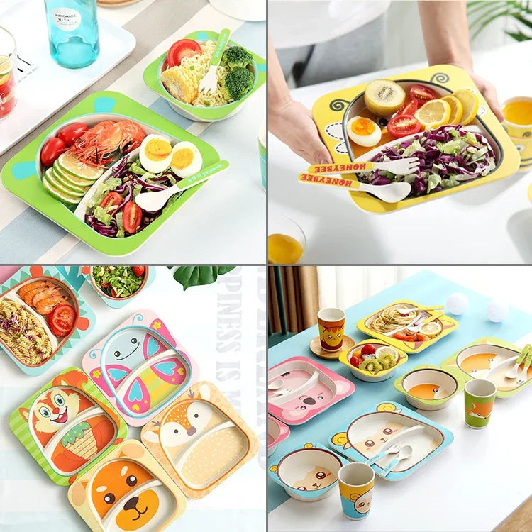 Conjunto de Louça para Bebé com Garfo de Desenho Animado, Pratos para Alimentação Infantil, Tigela de Fibra de Bambu Natural com Copo, Colher e Prato