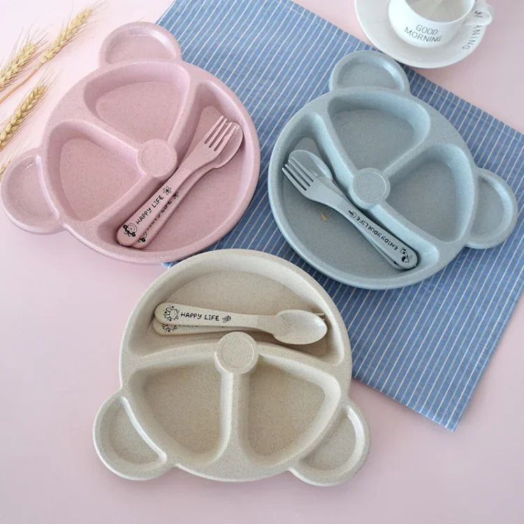 Conjunto de 3 Peças Tigela+Colher+Garfo para Bebé, Louça para Alimentação Infantil com Urso de Desenho Animado