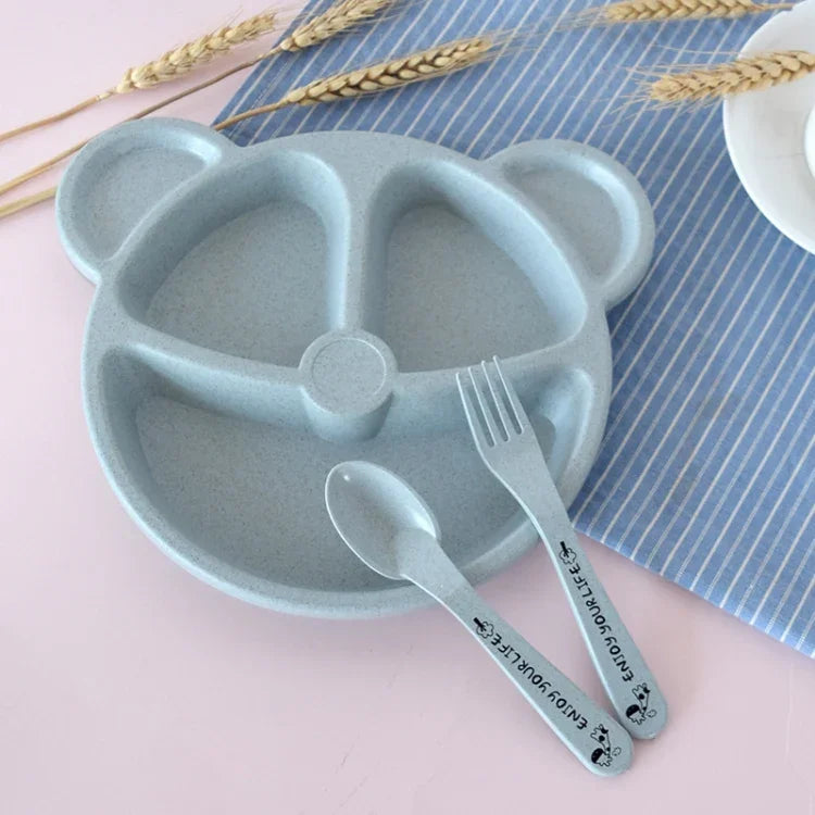 Conjunto de 3 Peças Tigela+Colher+Garfo para Bebé, Louça para Alimentação Infantil com Urso de Desenho Animado