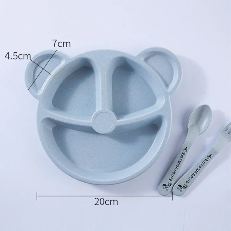 Conjunto de 3 Peças Tigela+Colher+Garfo para Bebé, Louça para Alimentação Infantil com Urso de Desenho Animado