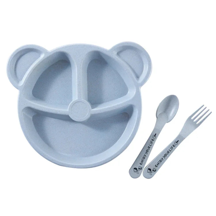Conjunto de 3 Peças Tigela+Colher+Garfo para Bebé, Louça para Alimentação Infantil com Urso de Desenho Animado