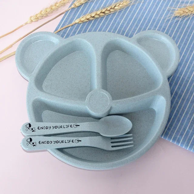 Conjunto de 3 Peças Tigela+Colher+Garfo para Bebé, Louça para Alimentação Infantil com Urso de Desenho Animado