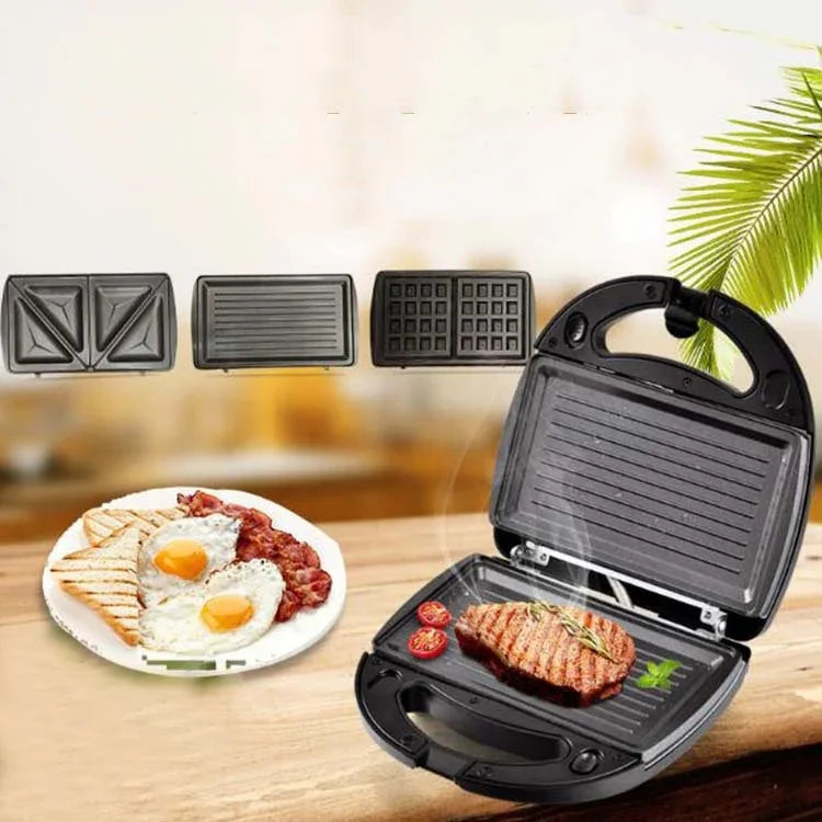 Máquina de Sanduíches 3 em 1, Máquina Multifuncional para Waffles, Panini e Pequeno-Almoço, Plugue UE