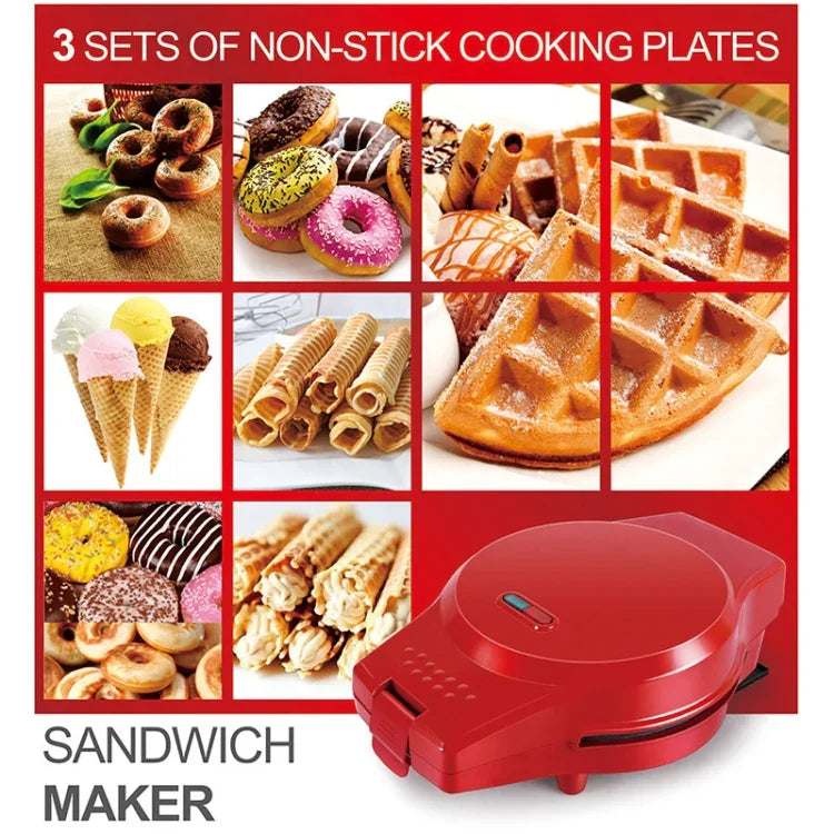 Máquina Elétrica Multifuncional 3 em 1 para Pequeno-Almoço, Panela para Donuts, Sanduíches, Waffles e Pizza, Plugue UE