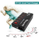 Carregador Digital Eletrónico Inteligente de Carregamento Rápido USB 100-240V, Multifuncional, Plugue US, 10 Portas, 12 Portas