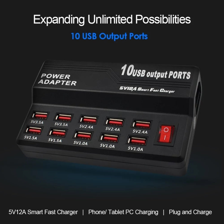 Carregador Digital Eletrónico Inteligente de Carregamento Rápido USB 100-240V, Multifuncional, Plugue US, 10 Portas, 12 Portas