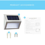 2 Peças de Lâmpada de Parede para Escadas com 3 LEDs em Aço Inoxidável Solar para Jardim Exterior, 3 LED / 2 Peças