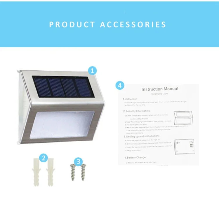 2 Peças de Lâmpada de Parede para Escadas com 3 LEDs em Aço Inoxidável Solar para Jardim Exterior, 3 LED / 2 Peças