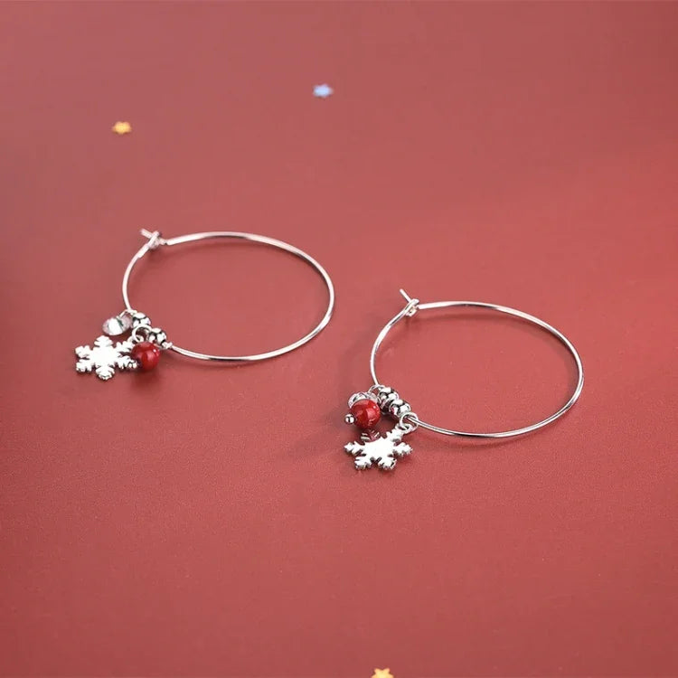 Brincos de Floco de Neve com Bola Vermelha e Diamantes Brilhantes em Prata Esterlina S925, Brincos de Natal