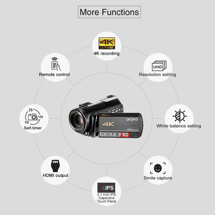 ORDRO AC5 Câmara de Vídeo Digital DV com Zoom Óptico 12X, Visão Noturna 4K HD WiFi, Standard, Standard + Microfone, Standard + Microfone + Suporte de Mão, Standard + Microfone + Luz de Preenchimento