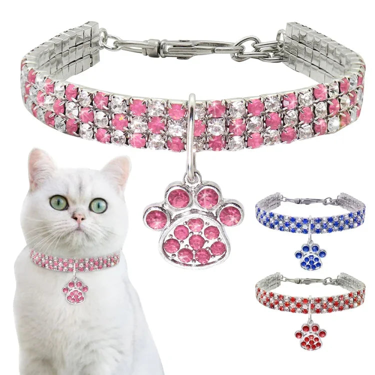 Colar de Joalharia Elástico com Diamantes para Gatos e Cães, S, M, L