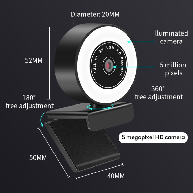 X98 Câmara HD com Luz de Preenchimento USB Sem Driver com Microfone, 720P, 1080P, 2K com Foco Automático