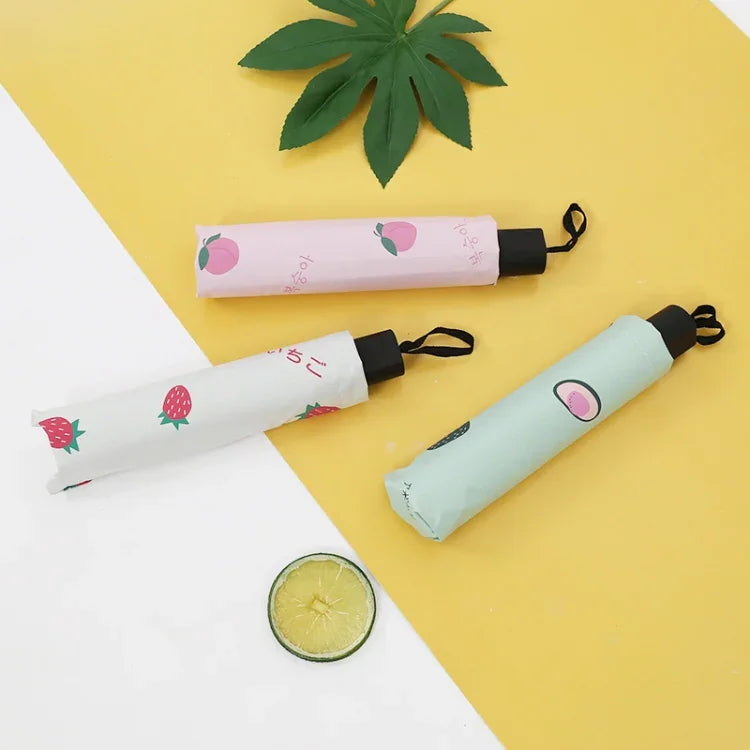 Guarda-chuva pequeno e fresco para sol feminino, guarda-chuva para estudantes em vinil, triplo, simples, uso duplo para sol, verde abacate, branco abacate, rosa abacate, branco morango, rosa morango, branco pêssego, rosa pêssego