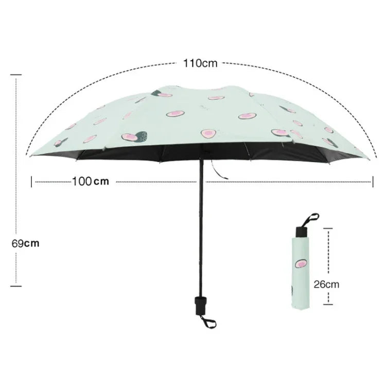 Guarda-chuva pequeno e fresco para sol feminino, guarda-chuva para estudantes em vinil, triplo, simples, uso duplo para sol, verde abacate, branco abacate, rosa abacate, branco morango, rosa morango, branco pêssego, rosa pêssego