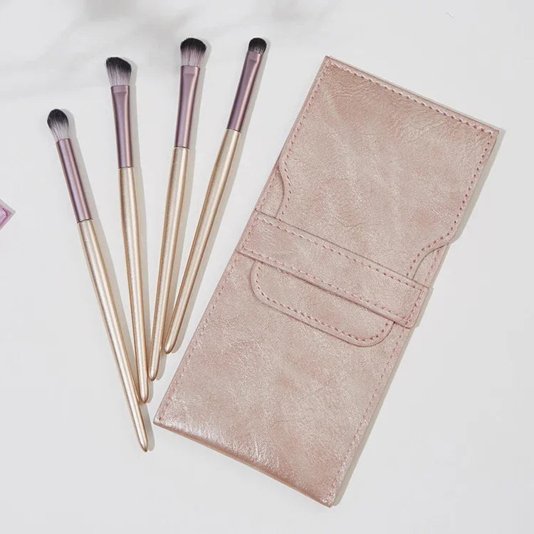 Conjunto de 4 Peças / Pincéis de Maquilhagem para Sombra de Olhos, Pincel Suave para Detalhes, Pincel para Esfumar com Bolsa para Pincéis, Dourado, Prateado