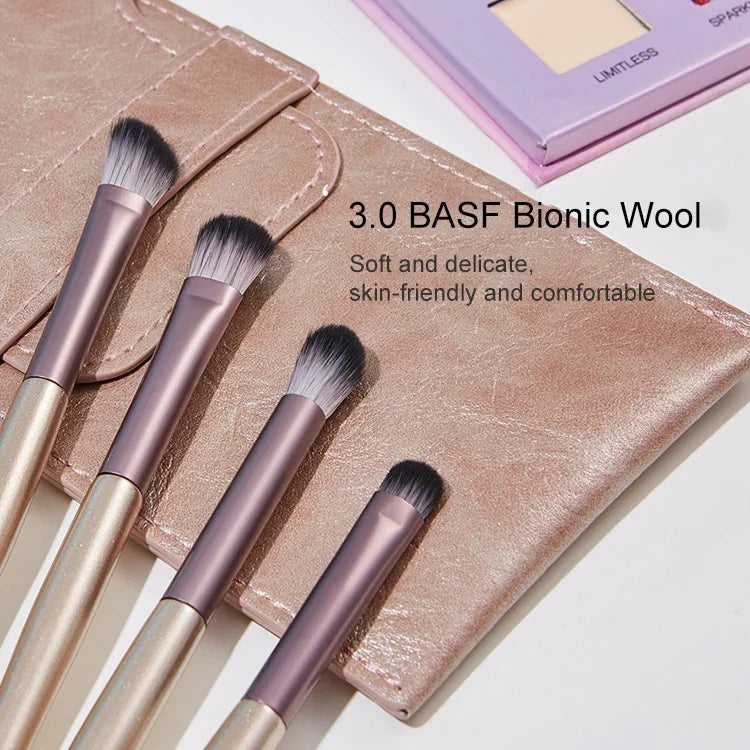 Conjunto de 4 Peças / Pincéis de Maquilhagem para Sombra de Olhos, Pincel Suave para Detalhes, Pincel para Esfumar com Bolsa para Pincéis, Dourado, Prateado