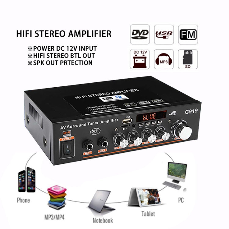 Amplificador de Potência Digital Inteligente G919 com Bluetooth / USB / SD / FM Incorporados, Mini Amplificador de Potência, Plugue UE