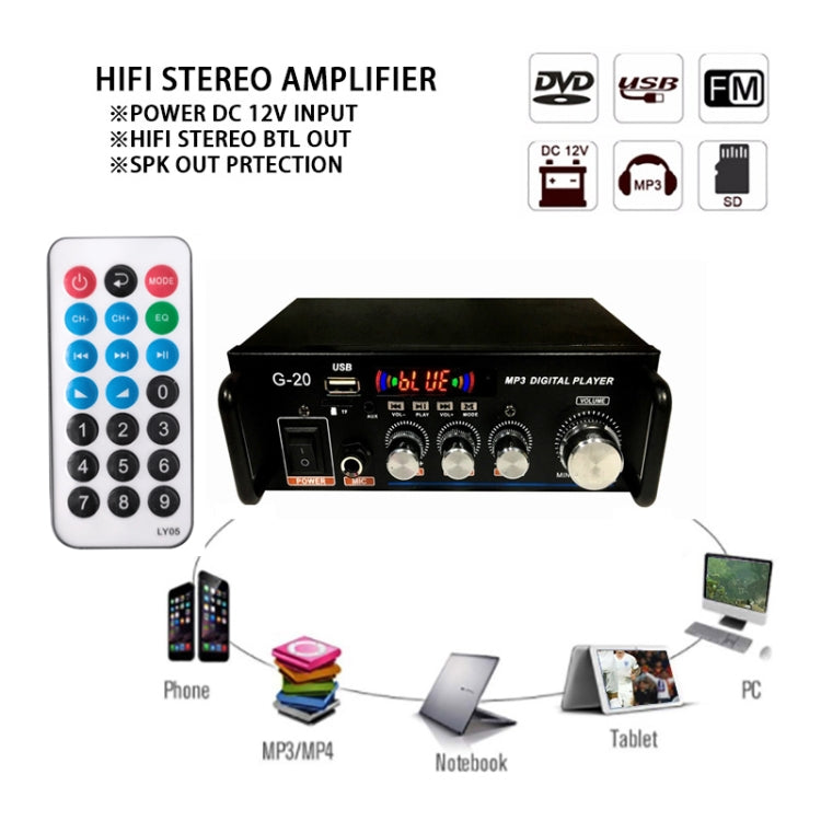 Amplificador de Potência Digital Inteligente G20 com Bluetooth / USB / SD / FM Incorporados, Plugue UE