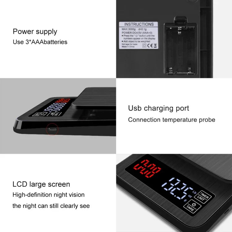 Balança de Café Manual para Uso Doméstico, Balança Inteligente USB com Temporizador, 3kg/0,1g, 5kg/0,1g, 10kg/1g