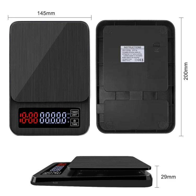 Balança de Café Manual para Uso Doméstico, Balança Inteligente USB com Temporizador, 3kg/0,1g, 5kg/0,1g, 10kg/1g