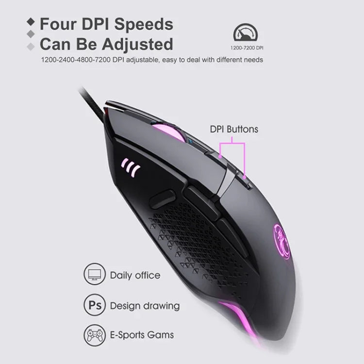 Rato Gaming USB com Fios iMICE T91 8 Teclas 7200DPI Luminoso, Comprimento do Cabo: 1,8m