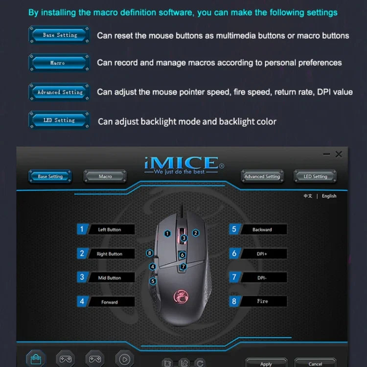 Rato Gaming USB com Fios iMICE T91 8 Teclas 7200DPI Luminoso, Comprimento do Cabo: 1,8m