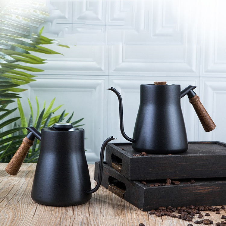 Cafeteira Manual em Aço Inoxidável 304 com Cabo de Madeira, Cafeteira com Teflon, Bico Longo e Delgado, Sem Termómetro, Com Termómetro
