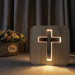 Lâmpada de Mesa Artesanal de Pinho Cruz, Luz Noturna LED, Cruz