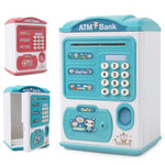 Simulation Password Fingerprint Sensor Unlocking Money Box Automatic Roll Money Safe ATM Piggy Bank, Pink, Blue