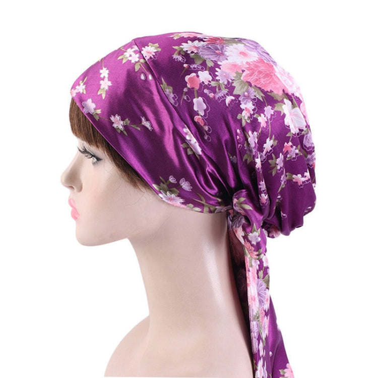 TJM-226 Ladies Satin Print Ribbon Bow Turban Hat Night Cap Silk Chemotherapy Hat Long Tail Braid Hat, Purple, Black, Pink, Royal Blue, Leopard, Big Black Flower, Rose Red Flower, Big Beige Flower, White Black Spots, Red Wine, Khaki, Light Purple       ...