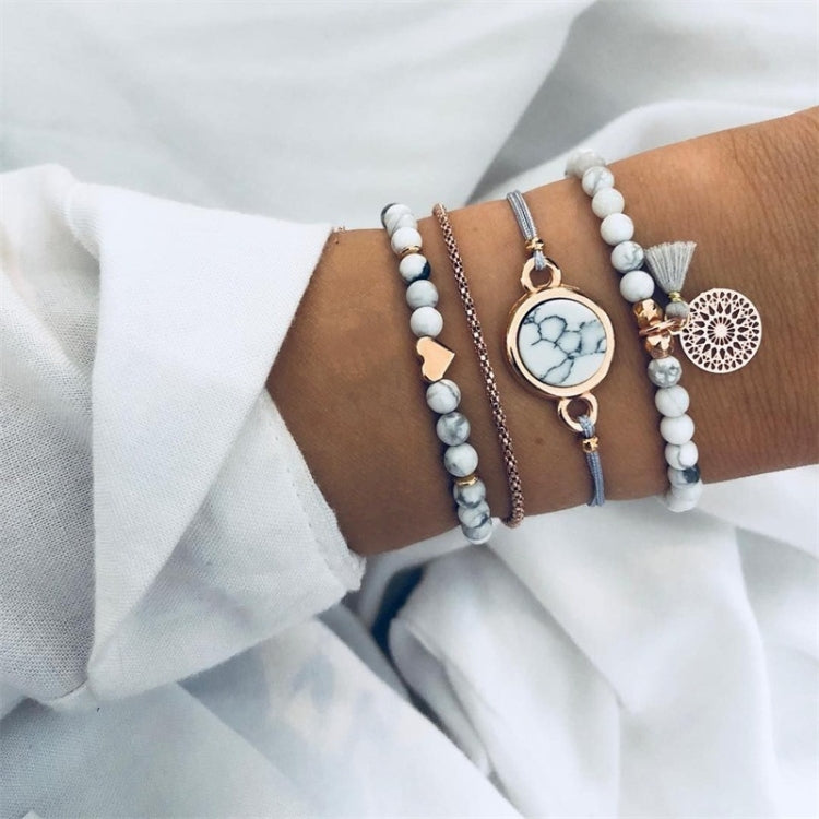 Conjunto de 4 Pulseiras Boémias com Contas, Coração, Pedra Mármore e Tassel para Mulher