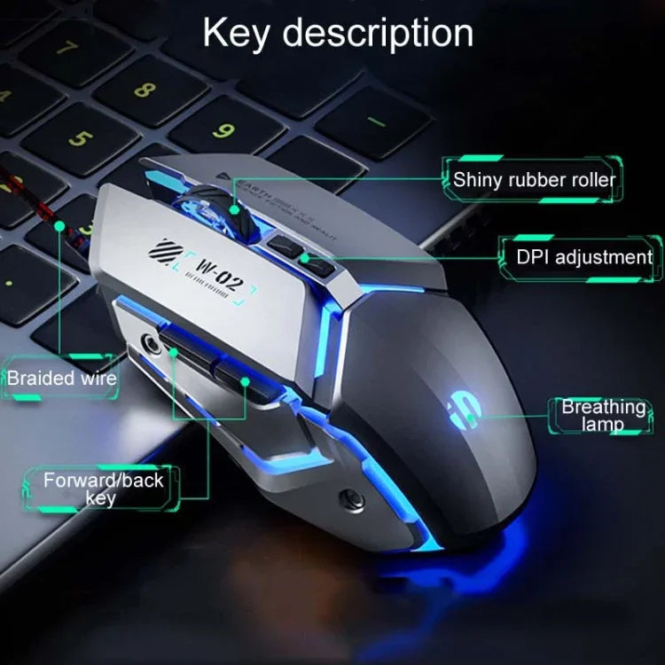 Rato com fios Inphic W-02 para escritório em casa, 6 teclas, programação macro luminosa USB, mecânico para jogos, W-02 (cinzento metálico)
