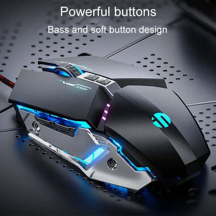 Rato com fios Inphic W-02 para escritório em casa, 6 teclas, programação macro luminosa USB, mecânico para jogos, W-02 (cinzento metálico)