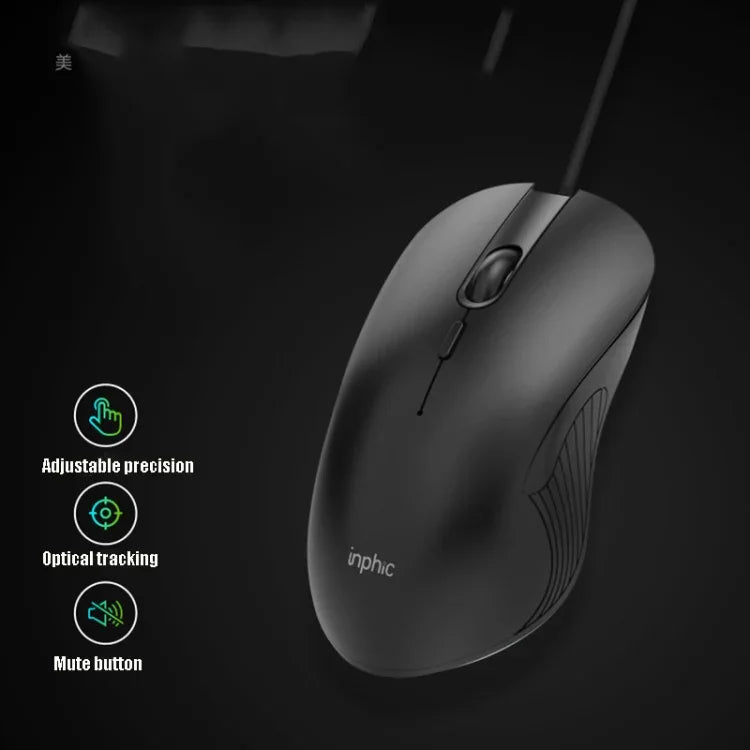 Rato com fios Inphic PB1 para escritório e jogos, definição macro silenciosa, comprimento do cabo: 1,5 m, luz respiratória clássica traseira, luz respiratória branca mate