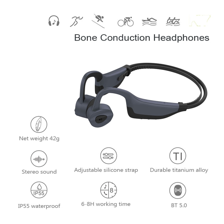 Auricular Sem Fios Bluetooth 5.0 de Condução Óssea K7, Auriculares à Prova de Água, 16GB RAM