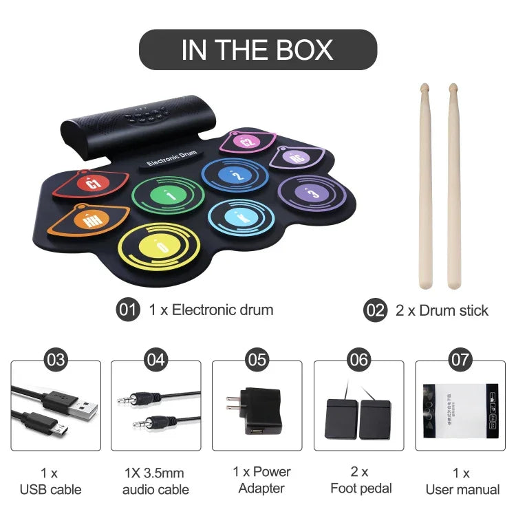 Bateria de Lítio Recarrregável Conjunto de Bateria de Bateria Eletrónica Colorida de Tambor Enrolado à Mão em Silicone, MD862C