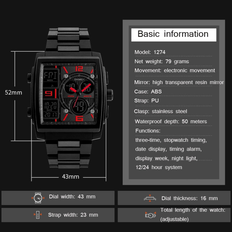 SKMEI 1274 Relógio Electrónico Masculino de Moda Multifuncional para Desporto ao Ar Livre, Vermelho, Azul, Preto, Dourado