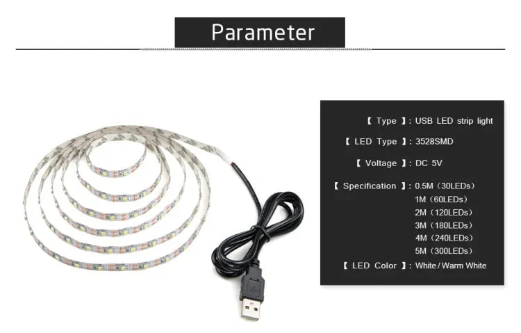 Luz de Tira LED Epóxi SMD 2835 Alimentada por USB Lâmpada Decorativa de Mesa de Natal para Iluminação de Fundo de TV, 1m, 5m