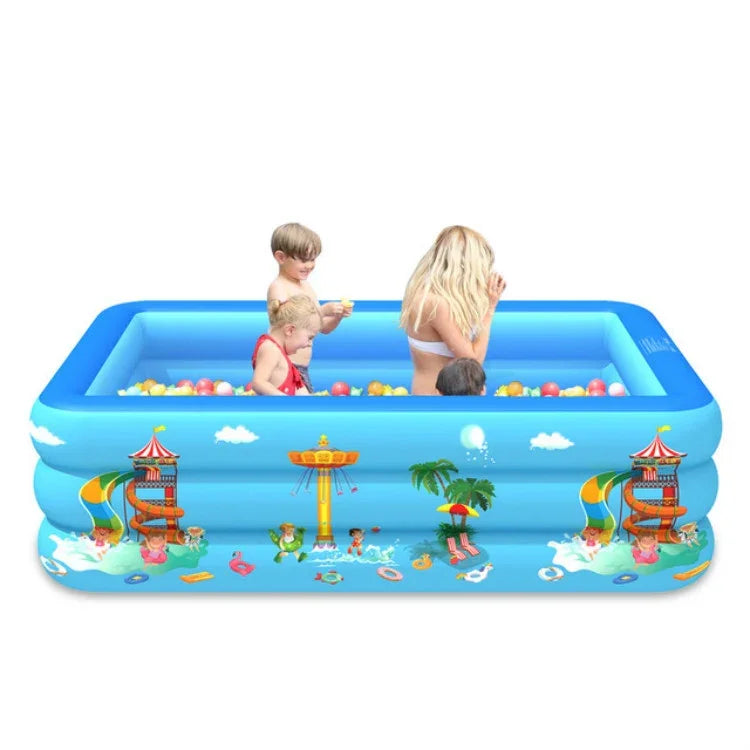 Piscina Insuflável Quadrada para Crianças com Padrão de Parque de Diversões para Uso Interior e Exterior, 130 x 85 x 50cm, 150 x 110 x 50cm