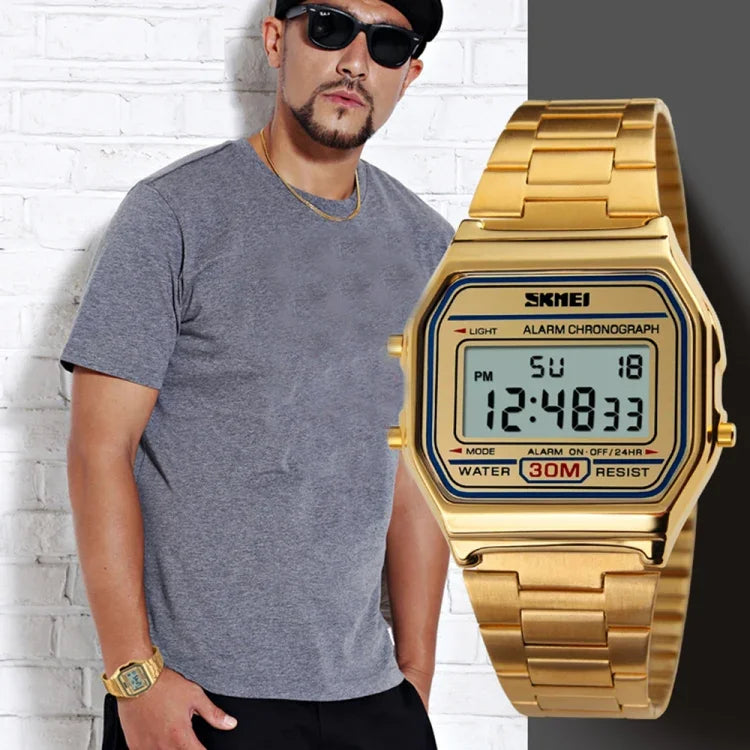 SKMEI 1123 Men Business Lightweight Watch Waterproof Steel Band Electronic Watch, Blue, Rose Gold, Coffee Gold