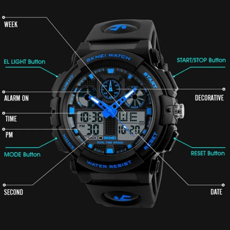 SKMEI 1270 Relógio Digital Masculino Impermeável com Dupla Exibição para Desporto ao Ar Livre, Vermelho, Verde, Azul, Cinzento, Dourado