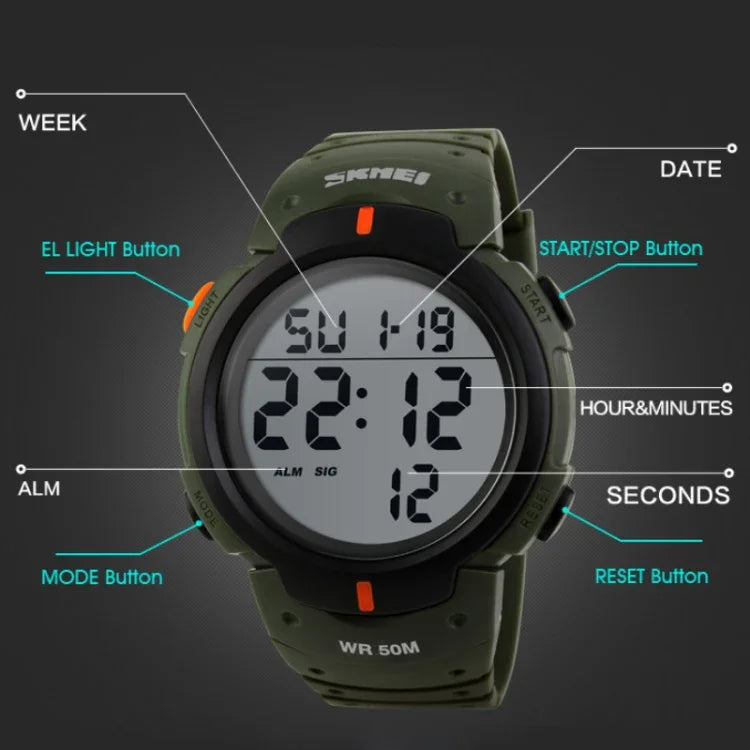 Relógio Digital Desportivo Masculino SKMEI 1068 à Prova de Água para Exterior, Estudante, Moda, Vermelho, Verde, Azul, Preto, Titânio, Dourado, Verde Exército