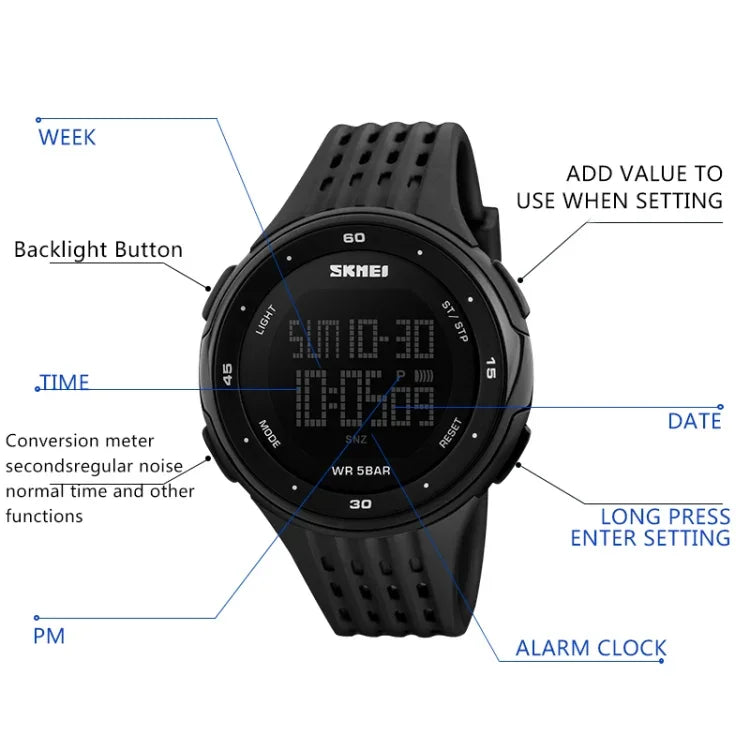 Relógio Eletrónico Multifuncional Masculino SKMEI 1219 Relógio Desportivo para Exterior, Verde, Azul, Preto, Ouro Rosa, Prateado