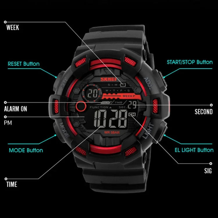 Relógio Desportivo Masculino SKMEI 1243 Relógio Digital à Prova de Água para Exterior, Vermelho, Preto, Dourado