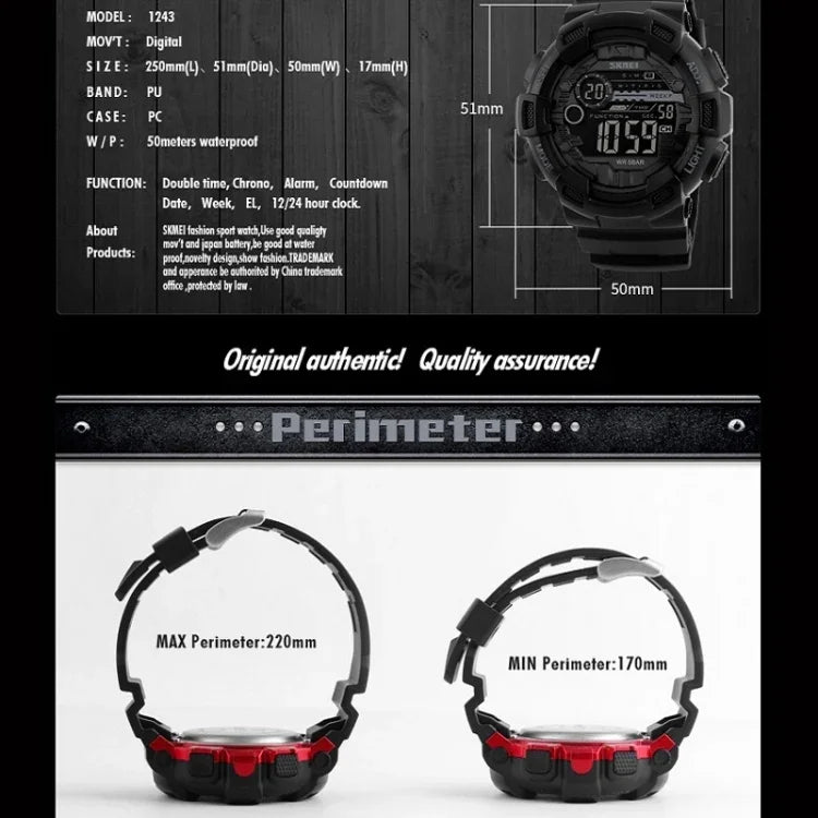 Relógio Desportivo Masculino SKMEI 1243 Relógio Digital à Prova de Água para Exterior, Vermelho, Preto, Dourado