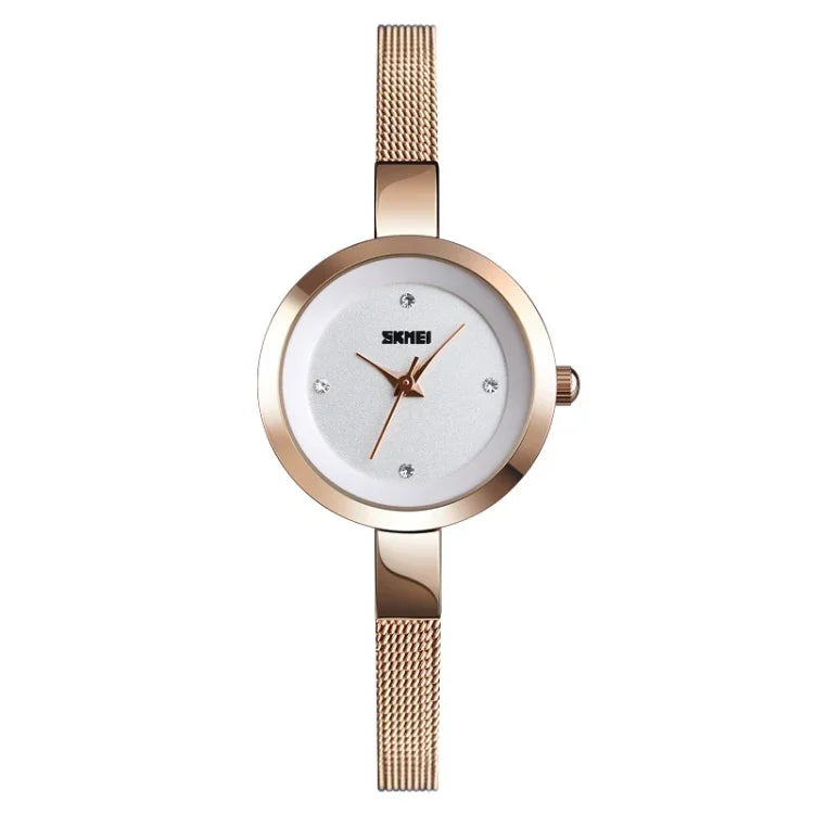Relógio Casual de Negócios Feminino SKMEI 1390 Pulseira de Aço Relógio de Quartzo Leve, Ouro Rosa, Dourado, Prateado