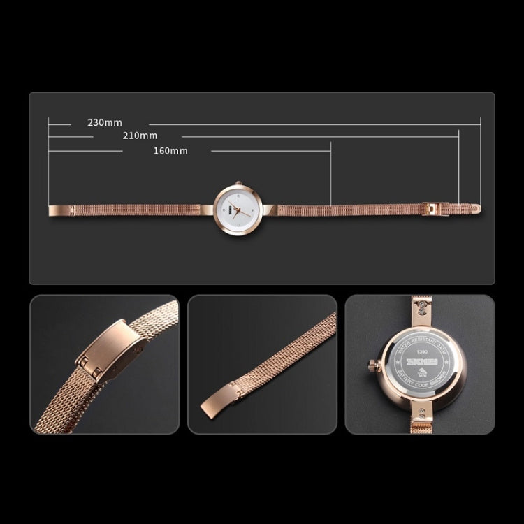 Relógio Casual de Negócios Feminino SKMEI 1390 Pulseira de Aço Relógio de Quartzo Leve, Ouro Rosa, Dourado, Prateado