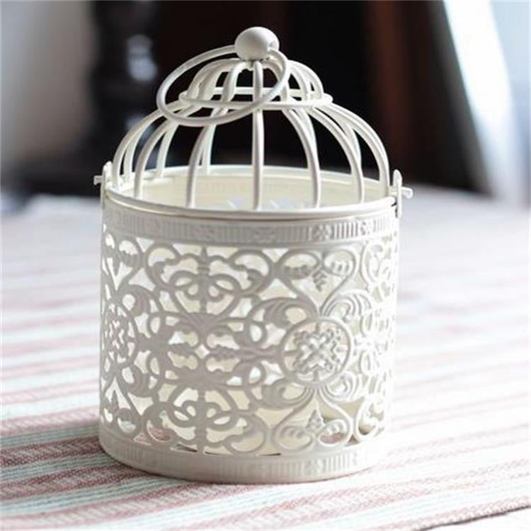 Castiçal Criativo Antigo em Forma de Gaiola de Pássaro, Ornamentos em Ferro Forjado com Padrão Floral Oco, Artesanato para Decoração de Casa
