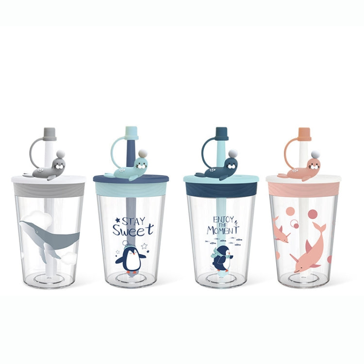 Copo Infantil com Palhinha, Desenho Animado de Animais Marinhos, Copo Seguro e Ecológico de Plástico, Azul Marinho, Azul Claro, Rosa, Cinza Claro